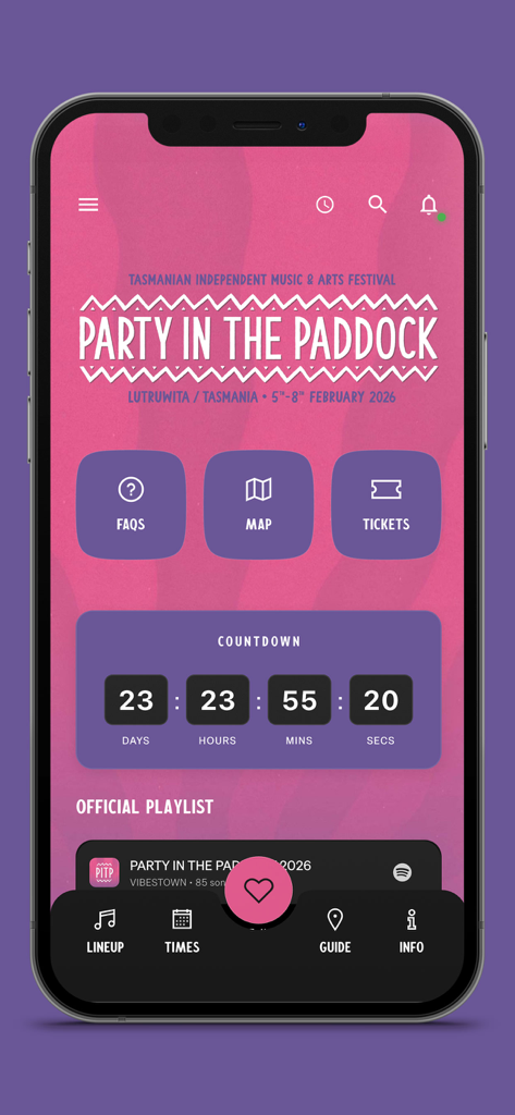 Party in the Paddock - Party in the Paddock app home screen with event countdown and menu
