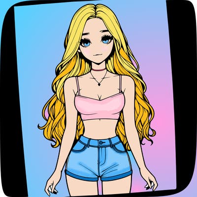 a realistic girl with long hair and in a crop top and shprts
