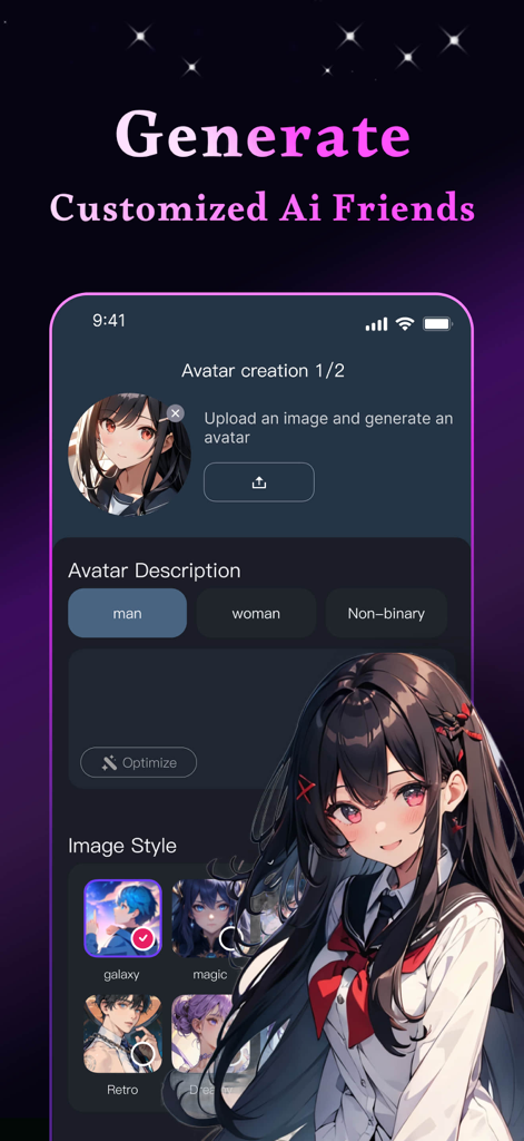 Interfaz de la aplicación móvil para crear avatares de anime de IA personalizados en J.AI