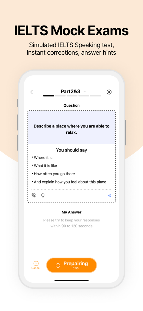 TalkLingo app interface showing an IELTS speaking mock exam prompt and preparation timer