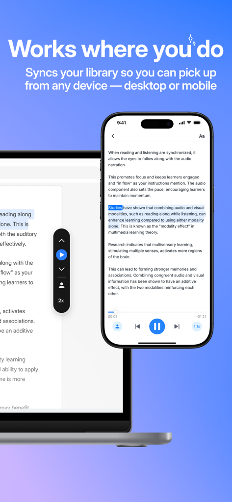 Audeus text to speech app showing synchronization between laptop and smartphone screens