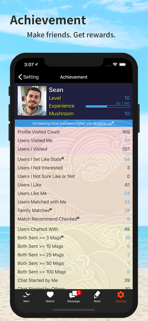 Gsland - Gay Chat, Dating, Now - Gsland app achievement screen displaying user level and detailed interaction statistics