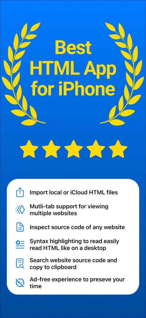 HTML Viewer: View Source - Gráfico promocional de la aplicación Visor HTML Ver Código Fuente destacando sus funciones como la inspección de código fuente y el resaltado de sintaxis para iPhone