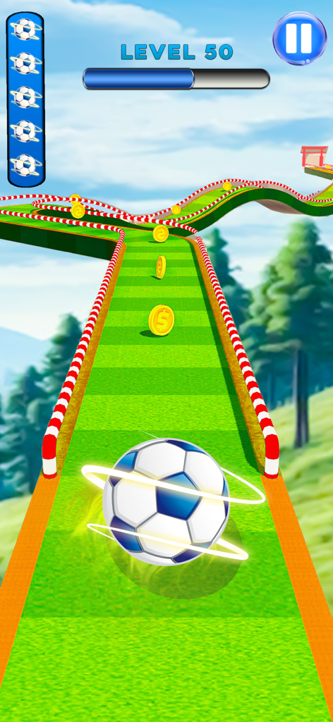 Going Balls - Rollance Game 3D - Una skin de balón de fútbol rodando en una pista verde sinuosa, recogiendo monedas de oro en el Nivel 50 de Going Balls 3D.