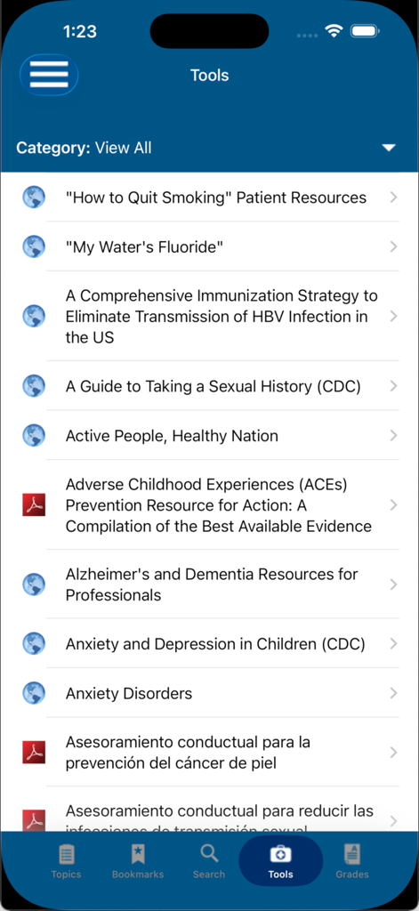 List of clinical and patient resources in the USPSTF Prevention TaskForce app