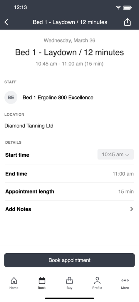 Diamond Tanning - Diamond Tanning mobile app interface showing tanning bed appointment booking details.