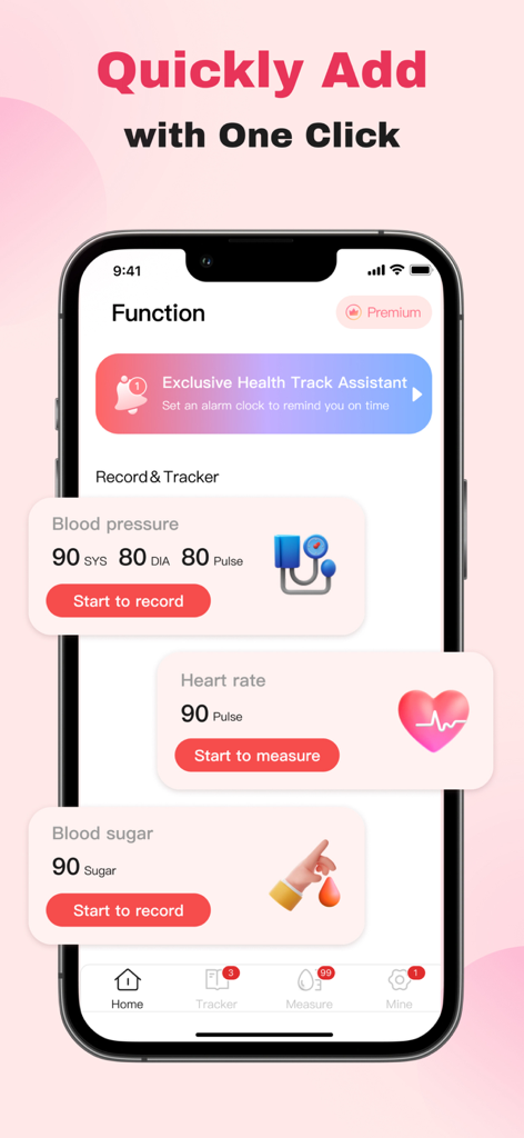 Blood Pressure APP-pulse track - Interfaz de la aplicación de presión arterial que muestra opciones de un clic para registrar la presión arterial, la frecuencia cardíaca y el azúcar en sangre