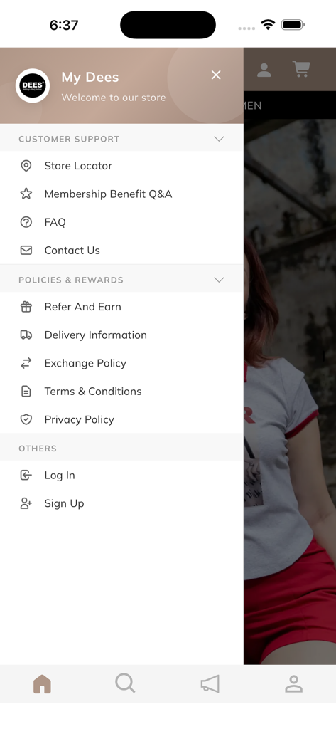 DEES Fashion - Seitennavigationsmenü der DEES Fashion App mit Links zu Support und Prämien