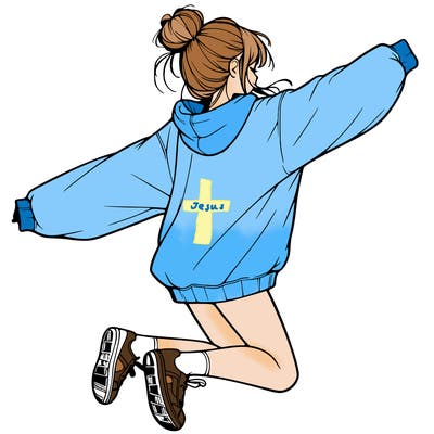 realistic girl jumping with a bun and oversized sweatshirt