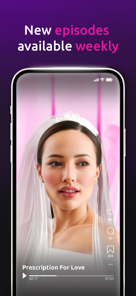 A woman in a wedding dress featured in a short drama episode on the SHRT app.