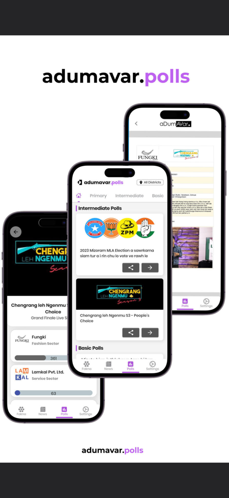 aDumAVar - Three smartphone screens displaying community polls and voting options in the aDumAVar mobile application.