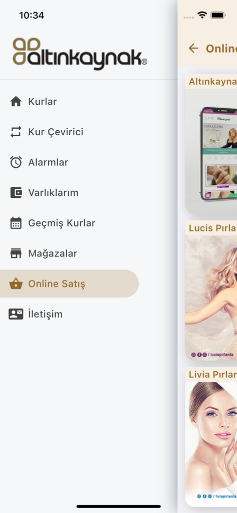Altınkaynak Döviz & Altın - Side navigation menu of Altinkaynak app featuring exchange rates currency converter and gold price alerts
