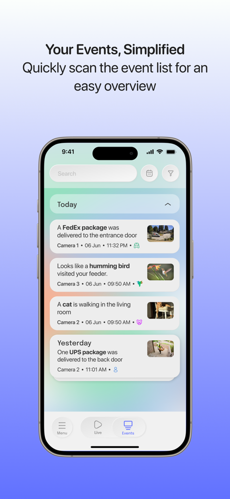 Interface do aplicativo Luna AI mostrando uma lista simplificada de eventos de segurança doméstica, incluindo entregas de pacotes e movimentos de animais de estimação.