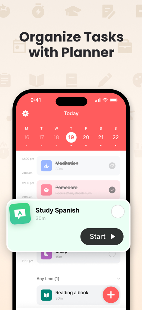 Focus Keeper - Pomodoro Timer - Focus Keeper 앱 인터페이스, 명상 및 공부 세션과 같은 예약된 활동이 있는 일일 작업 계획기 표시