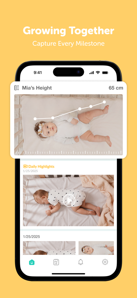 CuboAi Smart Baby Monitor - Interfaz de la aplicación CuboAi mostrando seguimiento de altura del bebé y destacados de hitos diarios