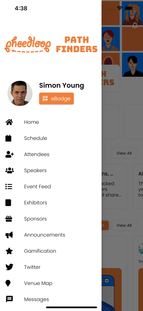 PheedLoop Go! - Navigation sidebar of the PheedLoop Go app showing user profile for Simon Young and event options like schedule and attendees.