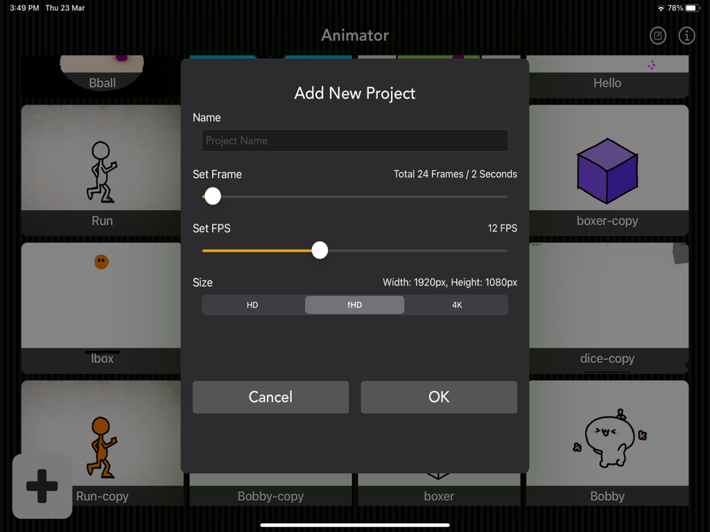 Animator Plus - Add new project menu in Animator Plus showing frame rate and resolution settings