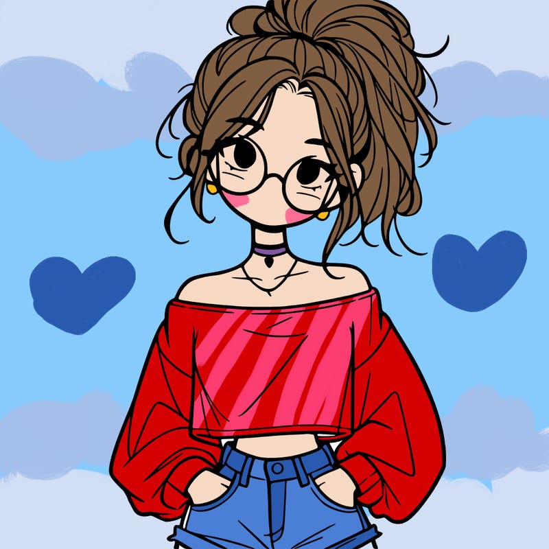 girl with a messy ponytail glasses a baggy crop top and jean shorts