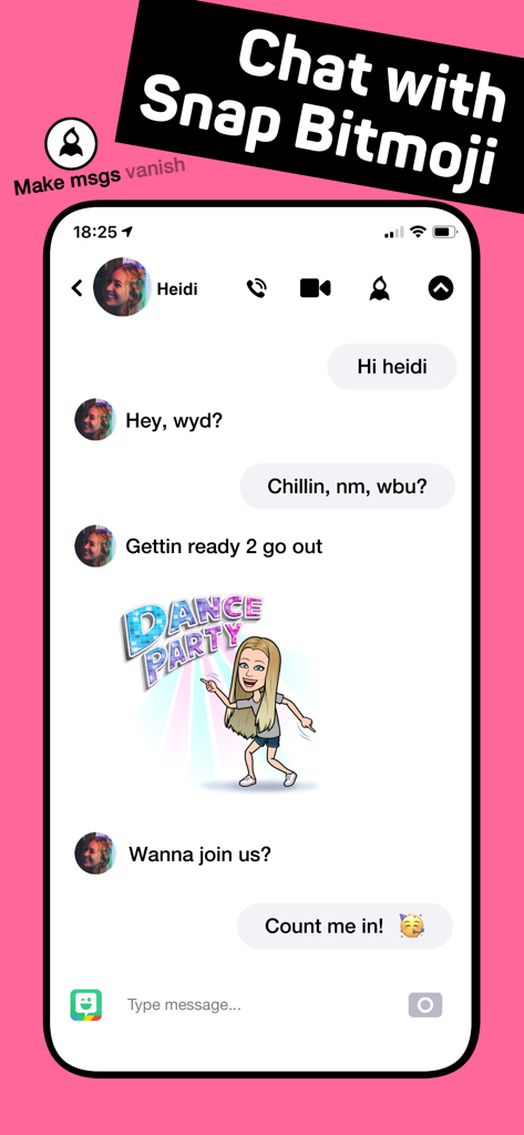 Buzz - Make friends - Interface de chat do aplicativo Buzz mostrando uma conversa com adesivos Bitmoji do Snapchat integrados