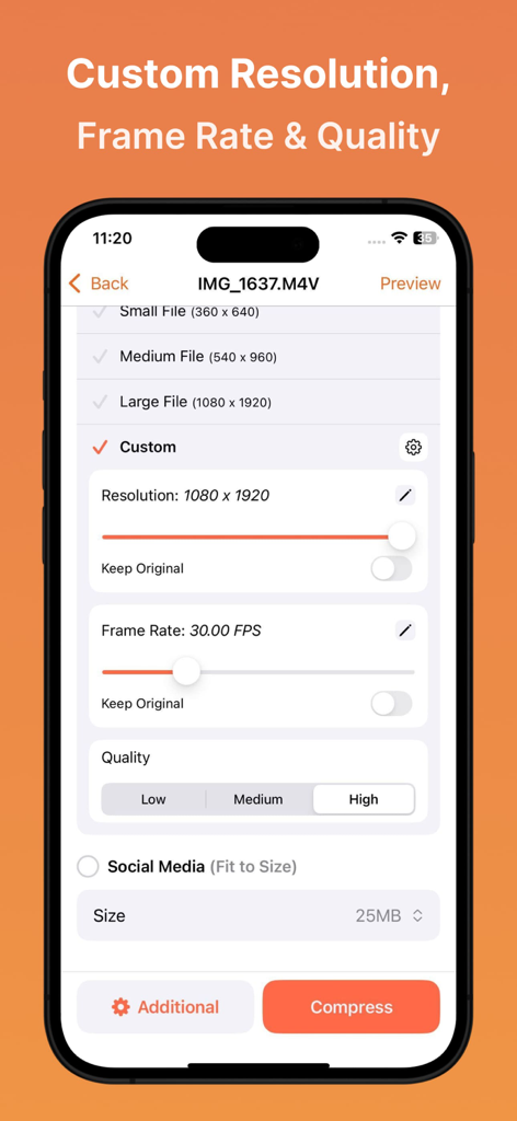 Video Compressor : Save Space - Interface do aplicativo móvel mostrando configurações personalizadas de compressão de vídeo para resolução, taxa de quadros e qualidade
