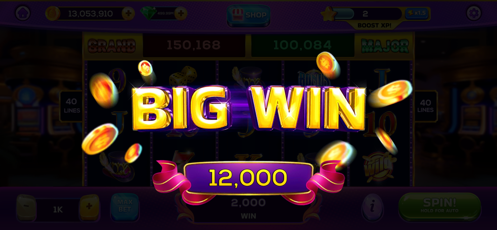 Big win celebration screen in Crazy Slots Royal Casino Game featuring flying gold coins and a 12000 coin reward