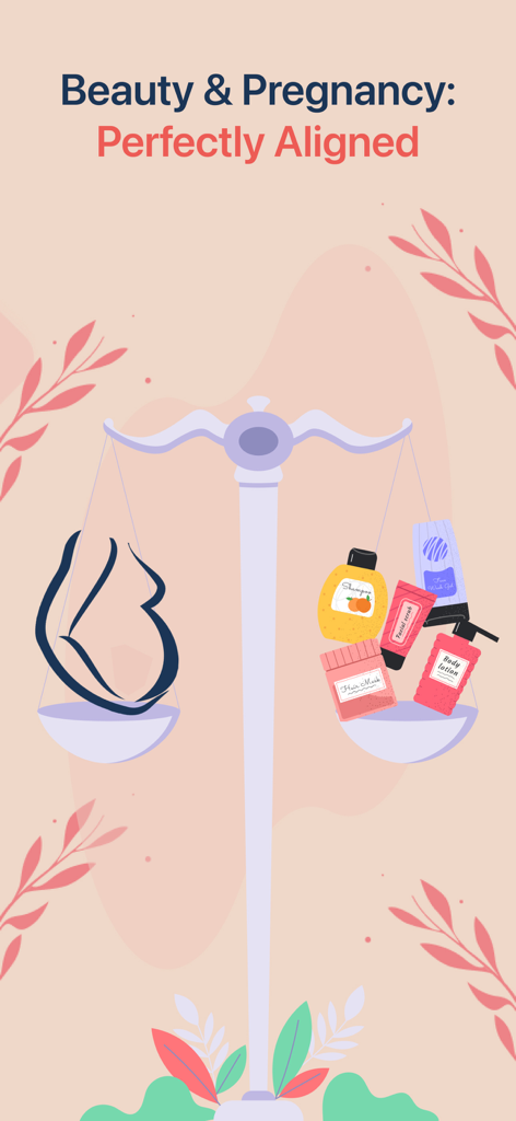 A balance scale with a pregnant silhouette on one side and various beauty products on the other illustrating safety alignment.