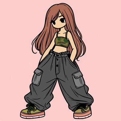 girl in baggy pants, crop top, and long hair