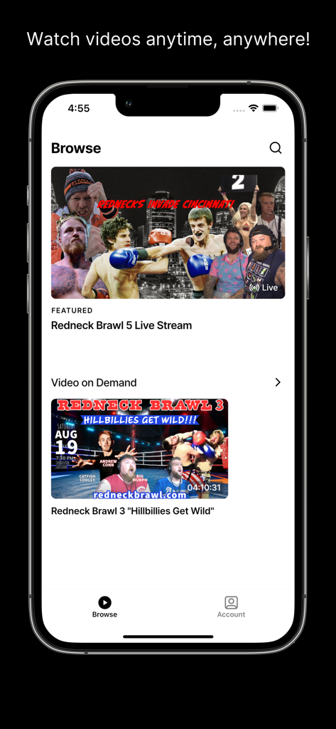 Redneck Brawl - Redneck Brawl app browse screen featuring live stream events and video on demand fight content.