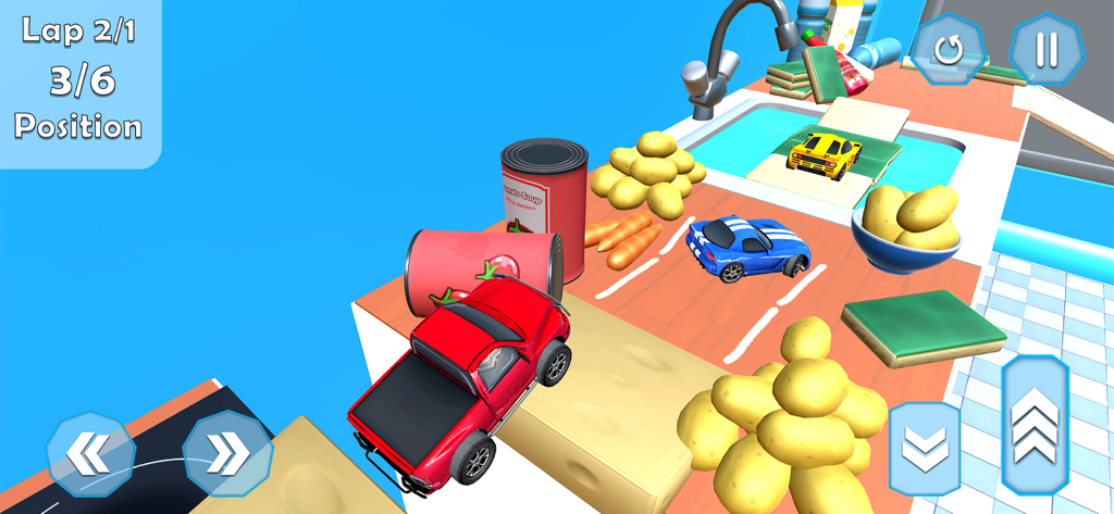 Car Racing: Car Stunt Game - A 3D mini car racing game showing toy cars competing on a kitchen counter track with food obstacles