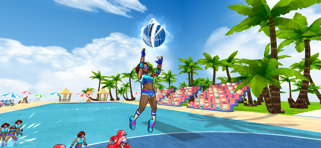 Basketball Dunk Hit - Character performing a slam dunk on a tropical beach court in Basketball Dunk Hit