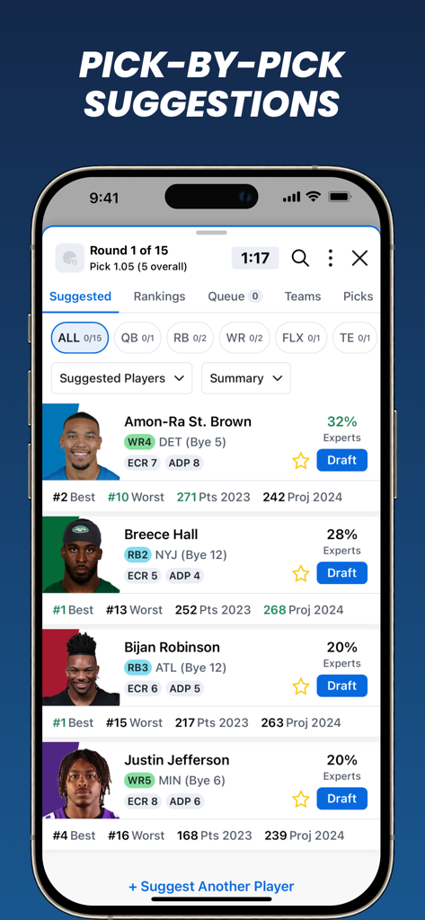 Fantasy Football Draft Wizard interface showing real-time player draft suggestions with expert percentages