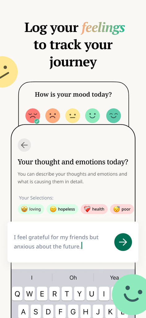 MindBuddy: Mood Journal & CBT - MindBuddy app interface showing the mood tracking and daily journaling screen with emoji selections