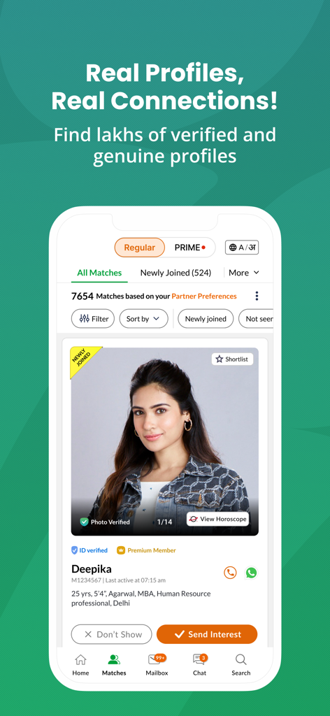 Bharat Matrimony mobile app interface showing a verified user profile with professional and community details