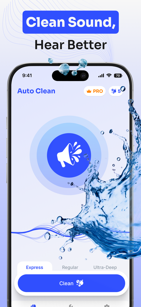Speaker Cleaner · Water Eject - Speaker Cleaner app interface showing the auto clean mode with water splash effect for restoring sound quality.