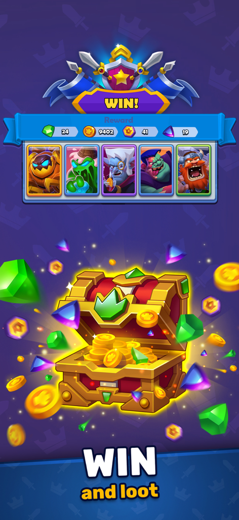 LUDUS・Strategy PvP Card Battle - Tela de vitória do jogo LUDUS mostrando um baú de tesouro dourado transbordando de moedas de ouro e gemas como recompensas de batalha