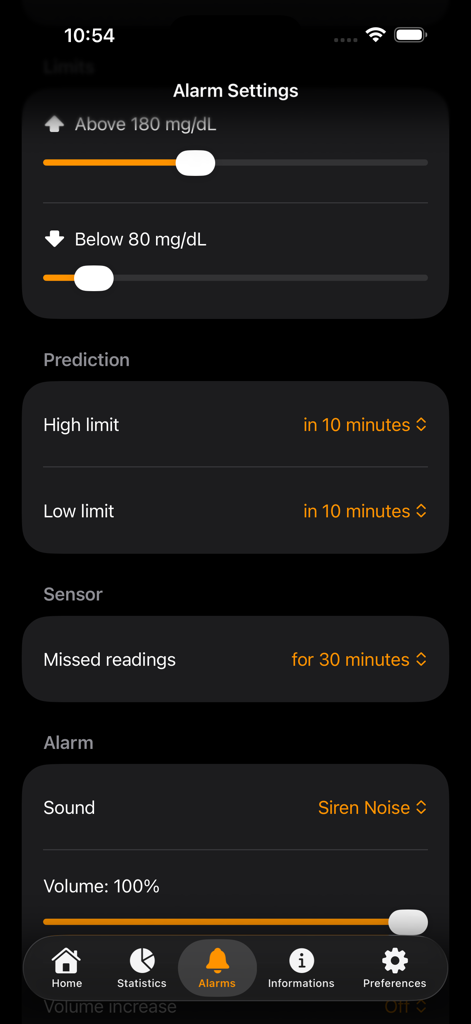 Guardian Monitor - Guardian Monitor app alarm settings screen showing glucose thresholds for high and low alerts and sound configuration