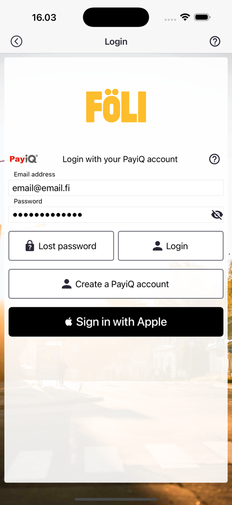 Login screen of the Foli transit app with options for PayiQ account and Sign in with Apple