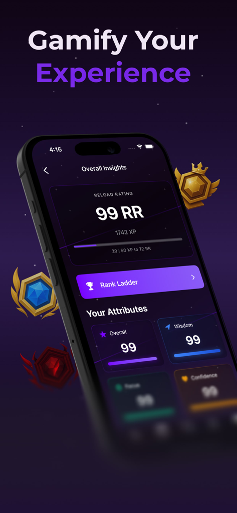 Reload: Reset Life & Lock In - A smartphone showing the Reload app's gamified dashboard with XP, Reload Rating, and user attributes like wisdom and focus.