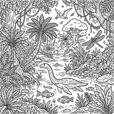 Immerse yourself in a beautifully rendered prehistoric swamp, complete with ancient creatures and dense jungle foliage. This coloring page offers clear outlines and engaging details, making it perfect for seniors seeking a relaxing and stimulating creative escape.