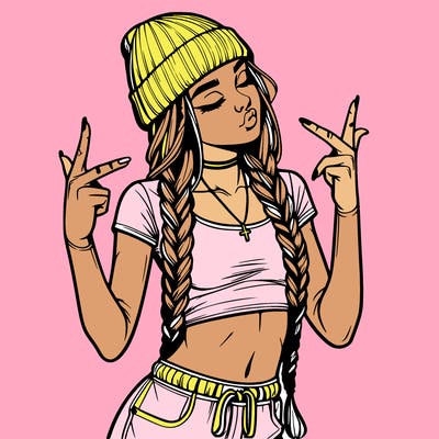 realistic teenage girl with braids and a beanie and crop top doing 🫶🏼