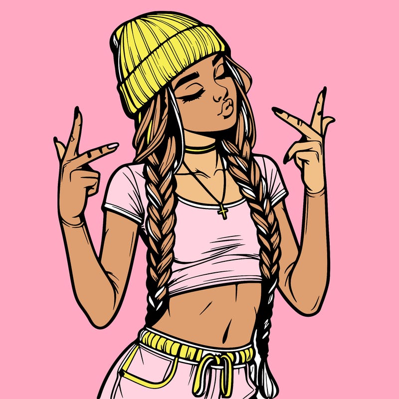 realistic teenage girl with braids and a beanie and crop top doing 🫶🏼