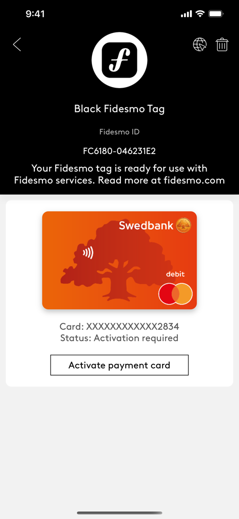 Fidesmo app interface showing a Swedbank debit card on a Black Fidesmo Tag with an activate payment card button