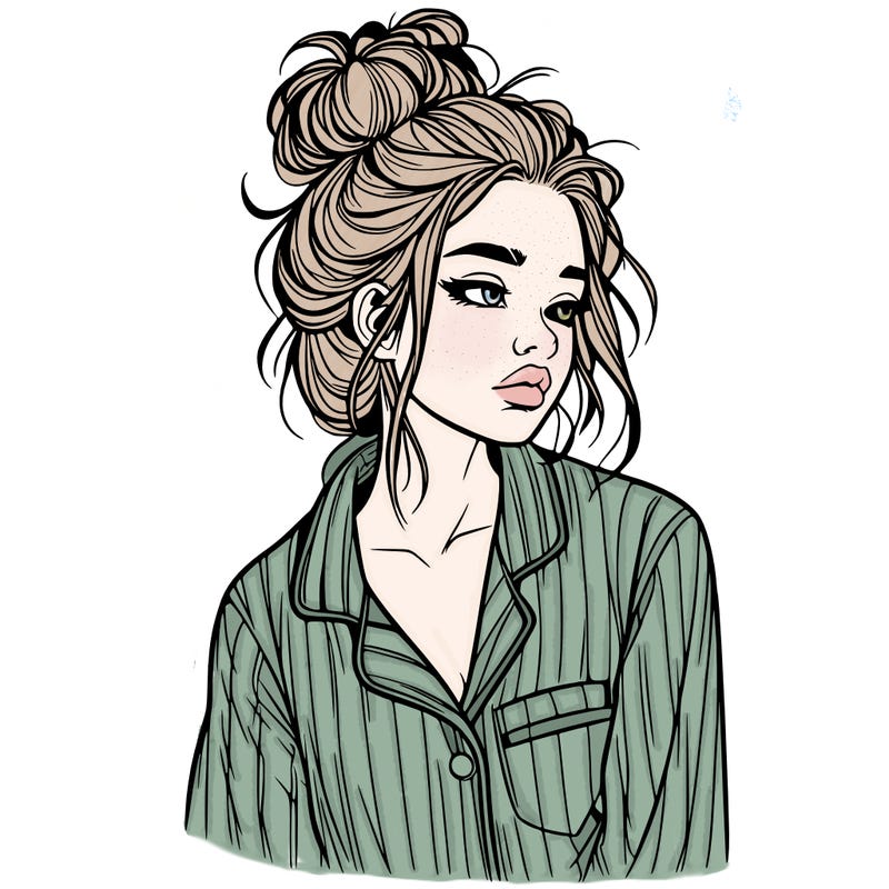 realistic woman with pajamas on and a messy bun