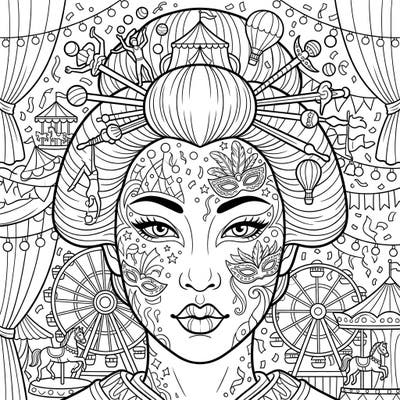 Prepare for a spectacular fusion of elegance and excitement with this unique Geisha Carnival makeup coloring page. Explore a world where intricate traditional beauty meets the lively spirit of the circus.