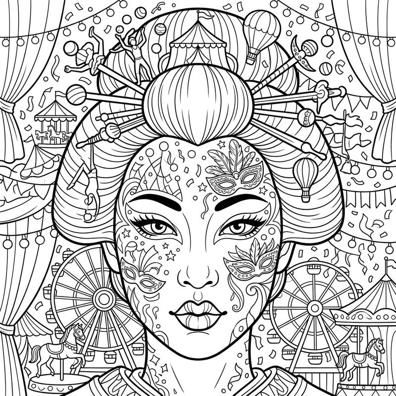 Prepare for a spectacular fusion of elegance and excitement with this unique Geisha Carnival makeup coloring page. Explore a world where intricate traditional beauty meets the lively spirit of the circus.
