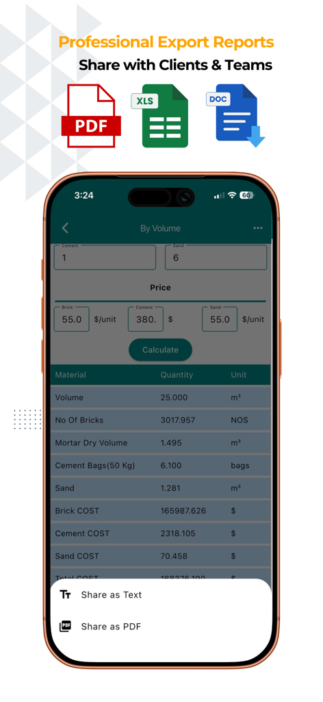 Construction Calculator A1 - PDF またはテキストとして共有するオプションが表示された材料数量見積もりを表示するスマートフォンの画面。