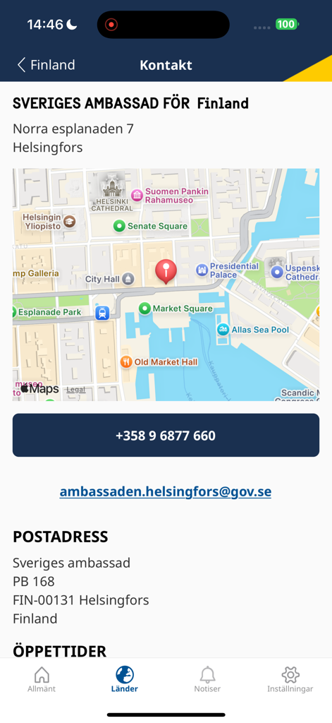 UD Resklar - Informations de contact de l'ambassade de Suède et carte de localisation à Helsinki dans l'application mobile UD Resklar