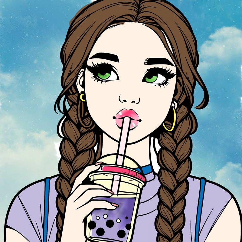 realistic girl with braided hair drinking boba