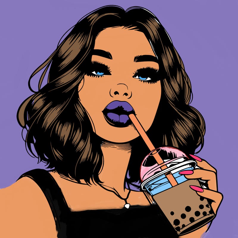 realistic girl with glossy lips holding boba