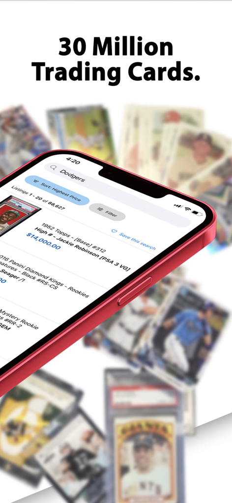 COMC - Check Out My Cards - COMC app displaying a high value baseball card listing within a 30 million card marketplace.